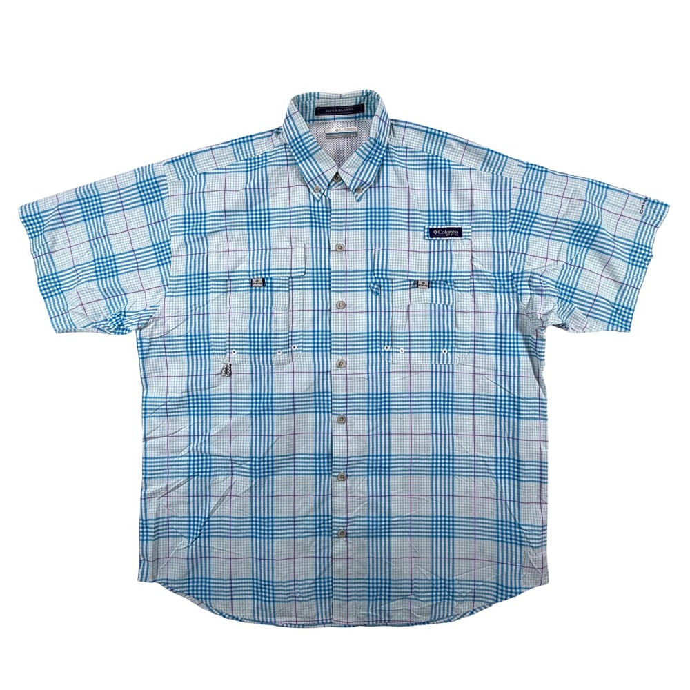 Columbia‎ PFG Mens Super Bahama Short Sleeve Fishing Shirt Blue Plaid Size M